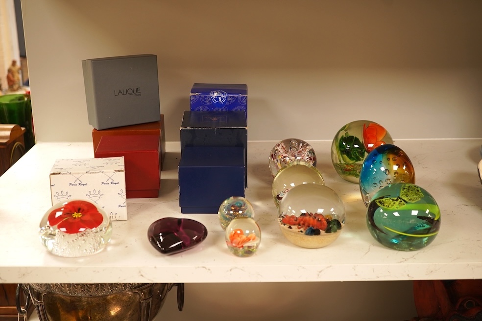 Seventeen various paperweights, including Lalique and a signed Murano example, some boxed, largest 10cm high